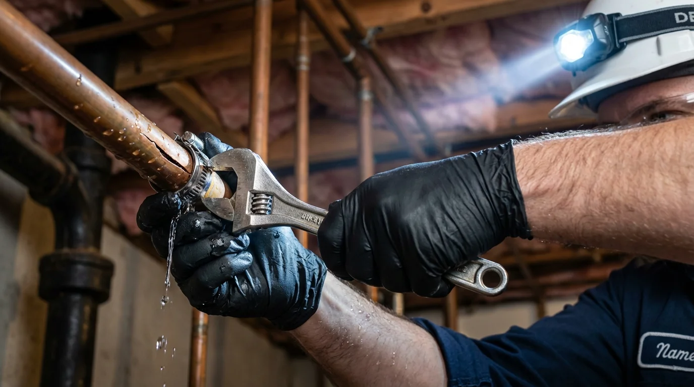Emergency pipe clamp repair being performed by a Johns Plumbing LLC plumber in Wetumka