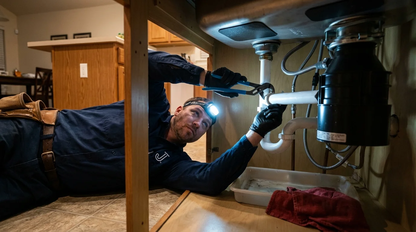 P-trap and supply line connections under a kitchen sink showing a common leak point in Wetumka, OK